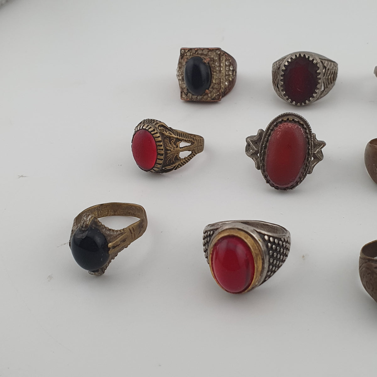 15 Antique Style Brass Rings Mixed Stone & Colourful Glass Accents