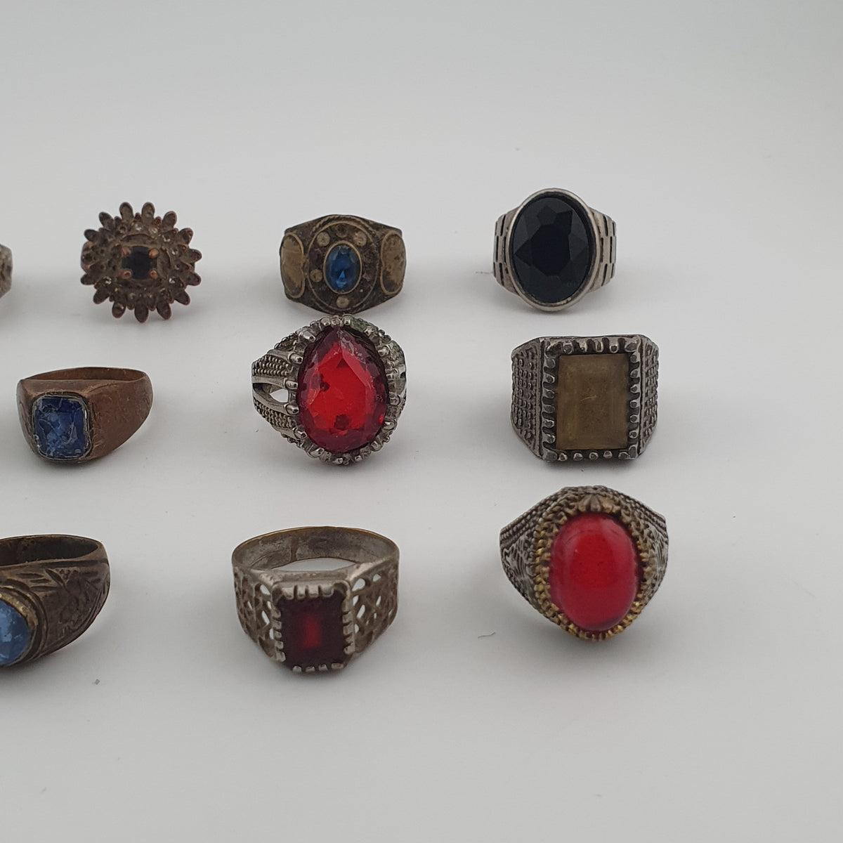 15 Antique Style Brass Rings Mixed Stone & Colourful Glass Accents