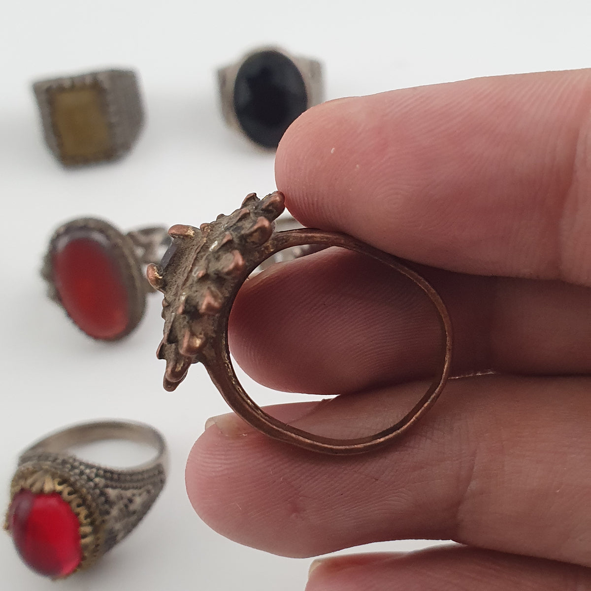 15 Antique Style Brass Rings Mixed Stone & Colourful Glass Accents
