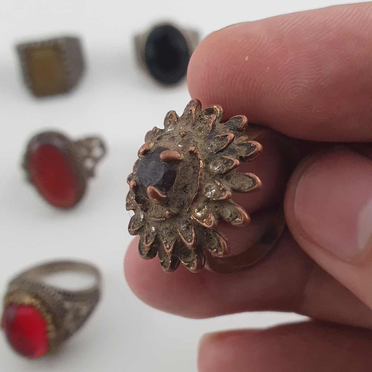 15 Antique Style Brass Rings Mixed Stone & Colourful Glass Accents