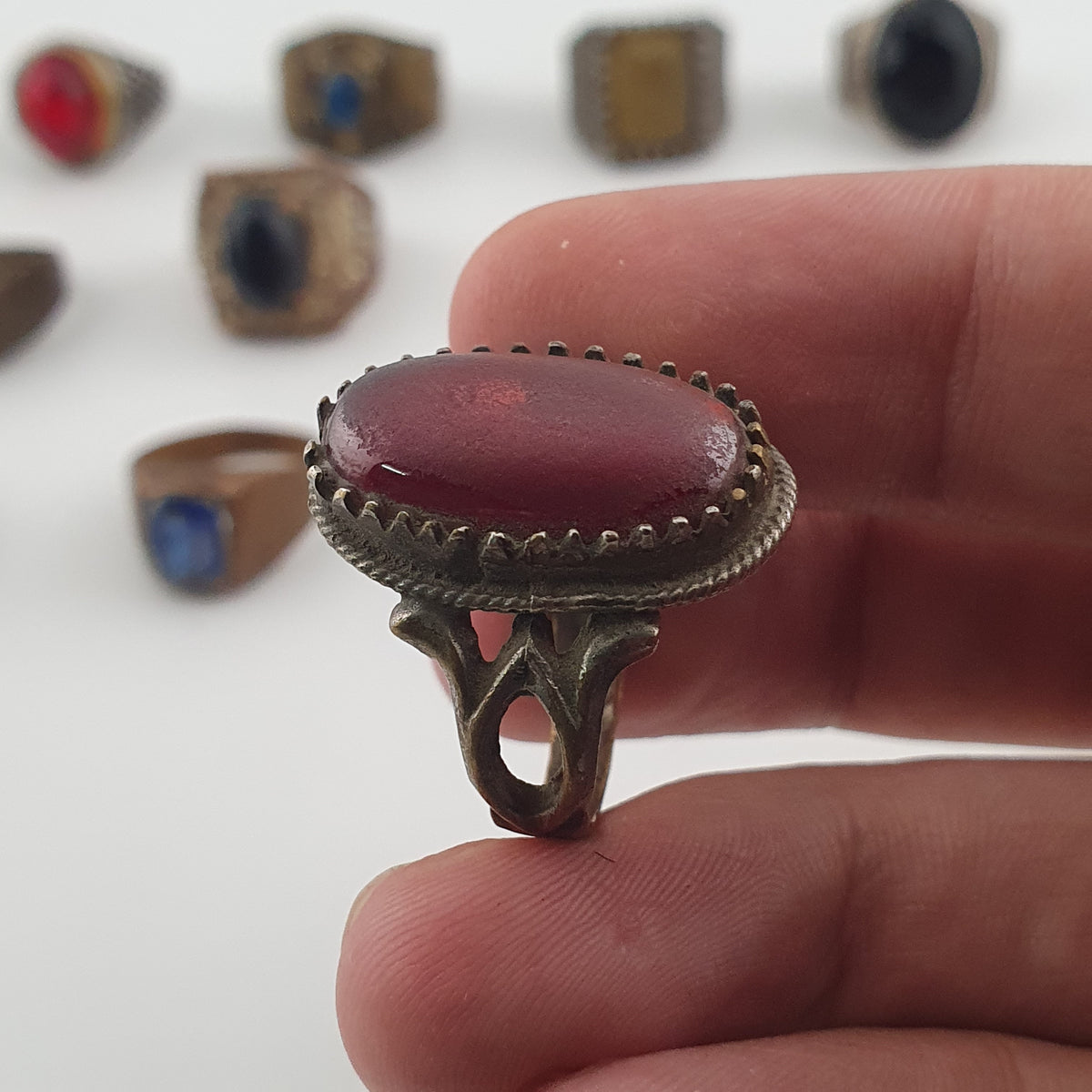 15 Antique Style Brass Rings Mixed Stone & Colourful Glass Accents
