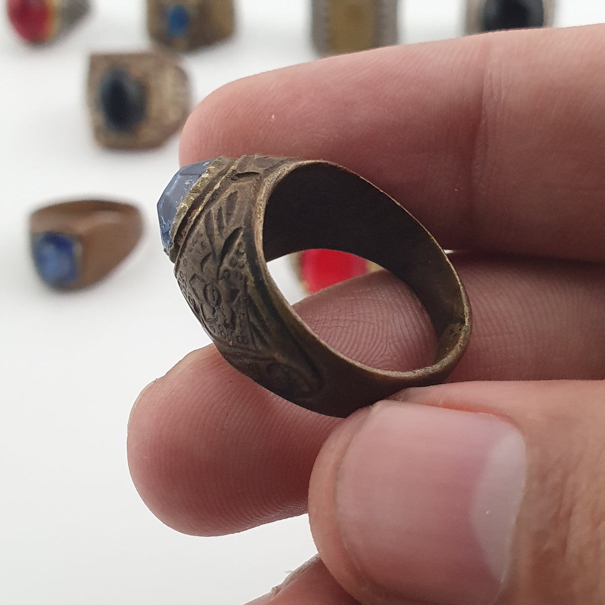 15 Antique Style Brass Rings Mixed Stone & Colourful Glass Accents