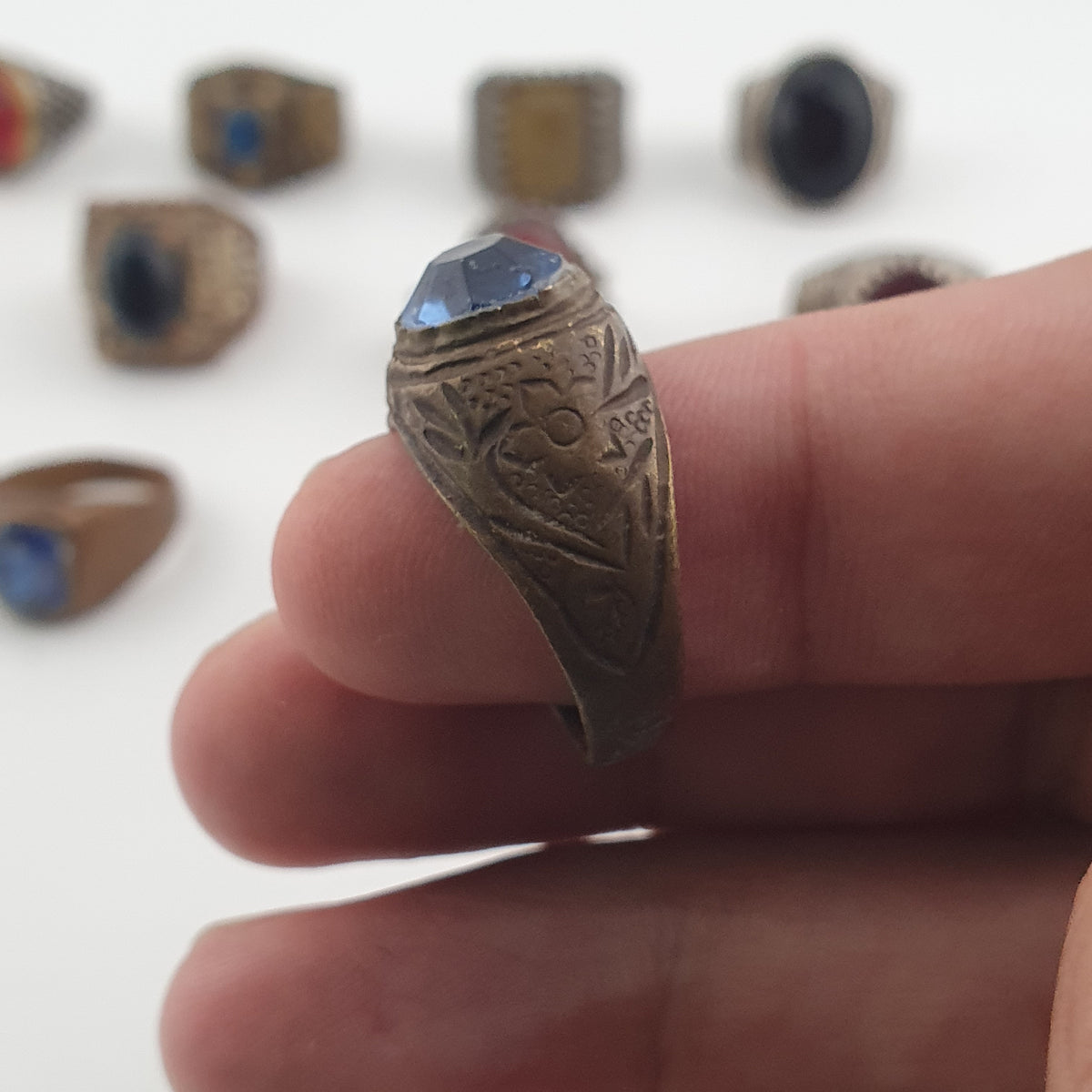 15 Antique Style Brass Rings Mixed Stone & Colourful Glass Accents