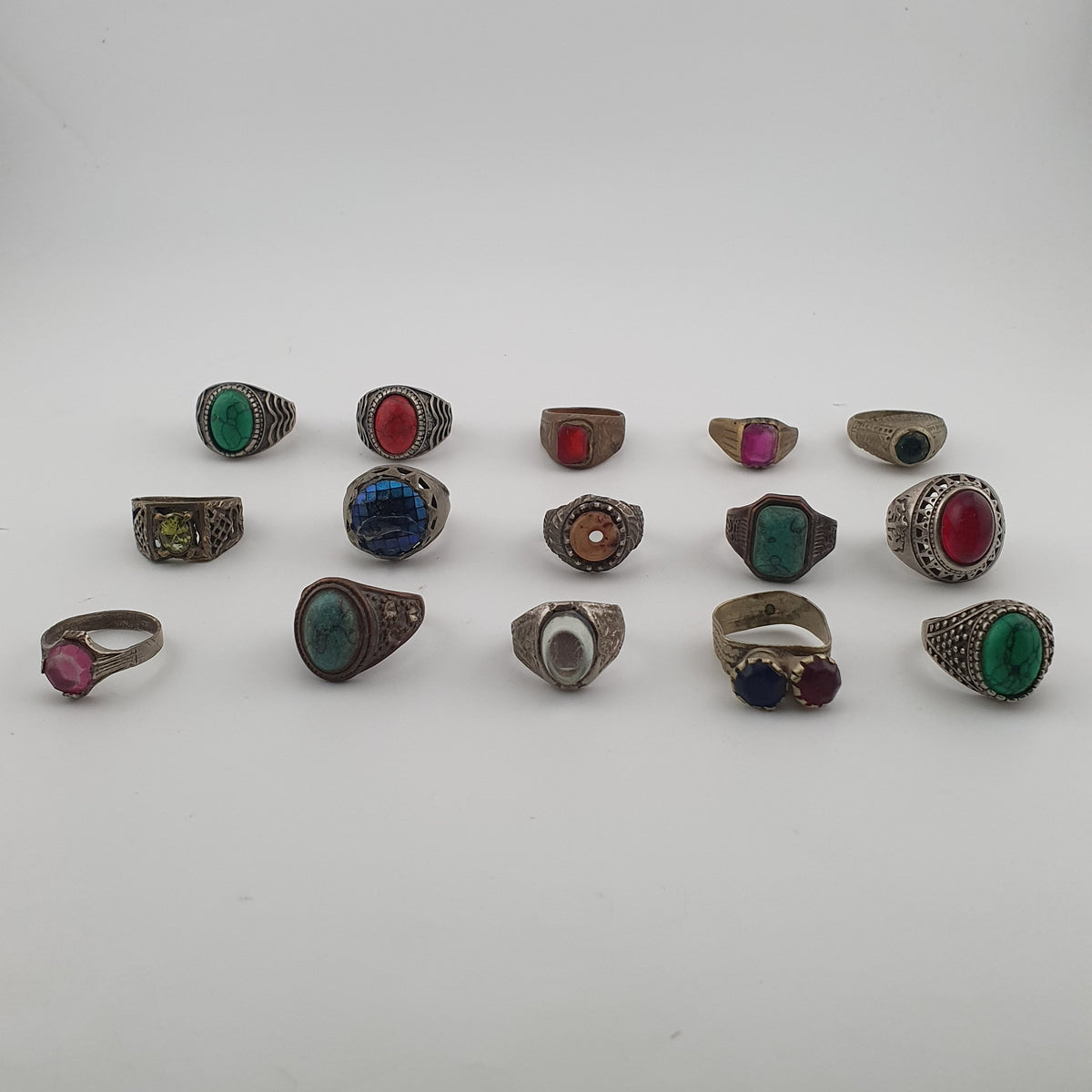 Antique Ring Lot 15 Mixed Brass, Stone & Glass Rings