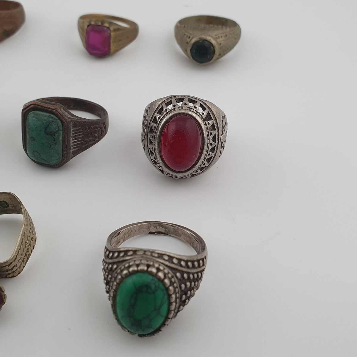 Antique Ring Lot 15 Mixed Brass, Stone & Glass Rings