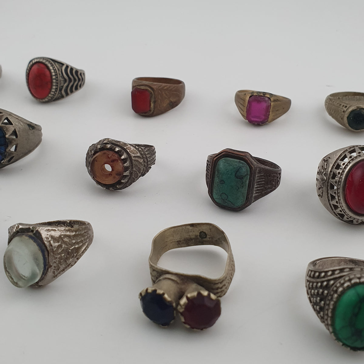 Antique Ring Lot 15 Mixed Brass, Stone & Glass Rings