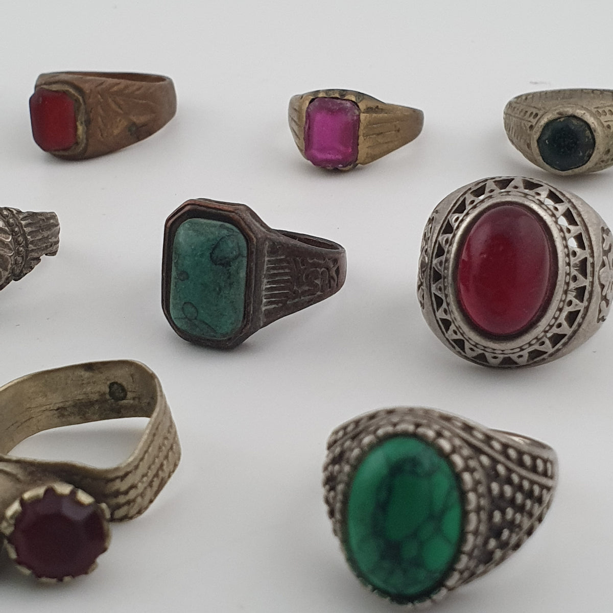Antique Ring Lot 15 Mixed Brass, Stone & Glass Rings