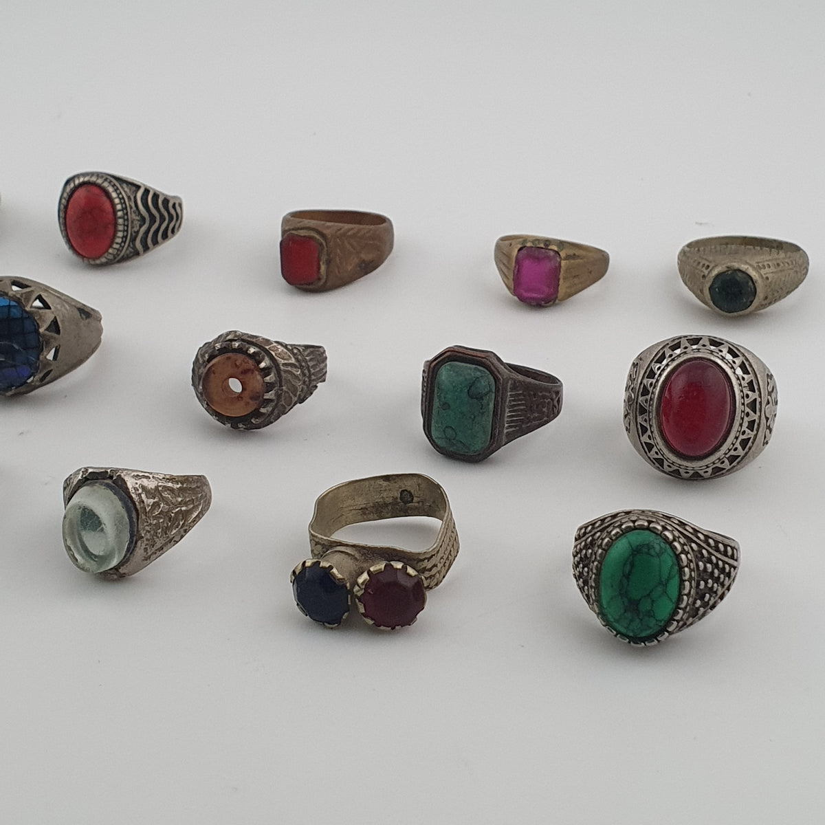 Antique Ring Lot 15 Mixed Brass, Stone & Glass Rings