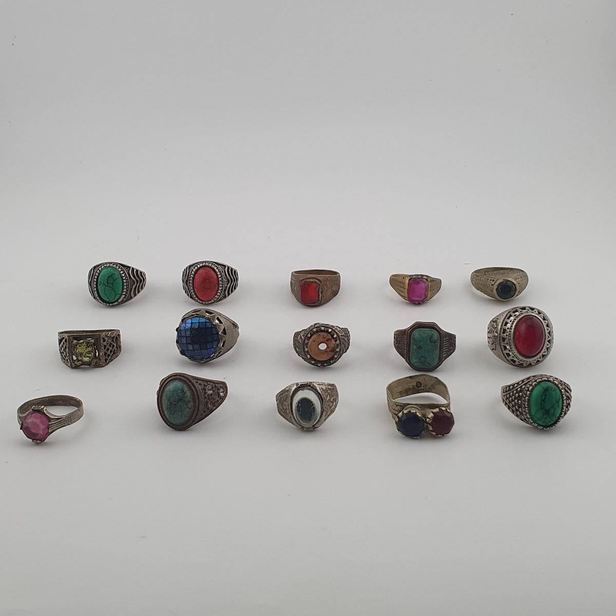 Antique Ring Lot 15 Mixed Brass, Stone & Glass Rings