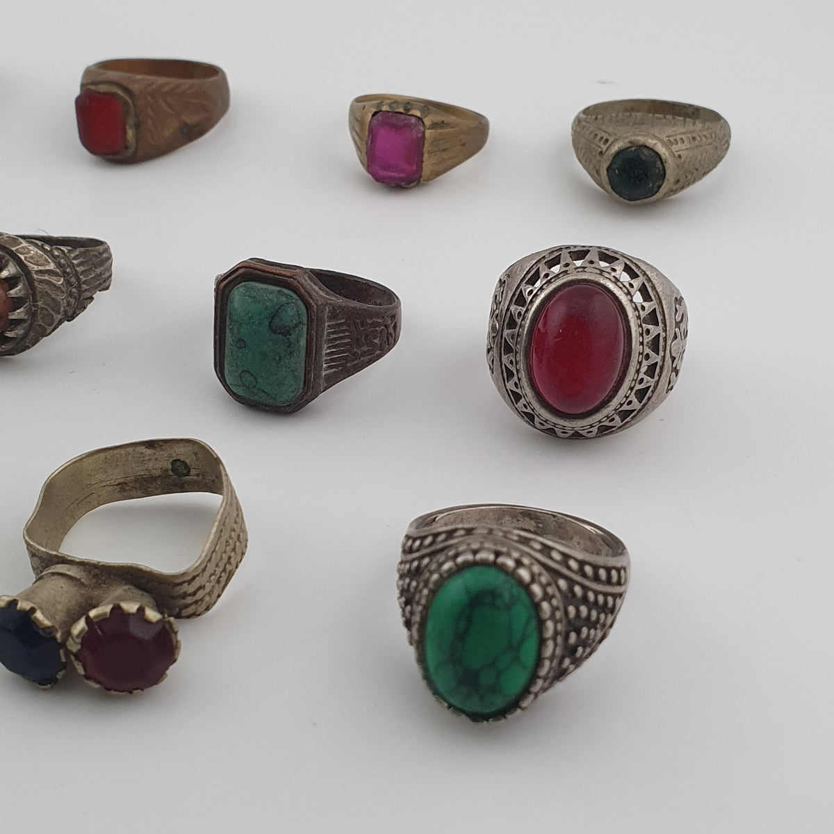 Antique Ring Lot 15 Mixed Brass, Stone & Glass Rings
