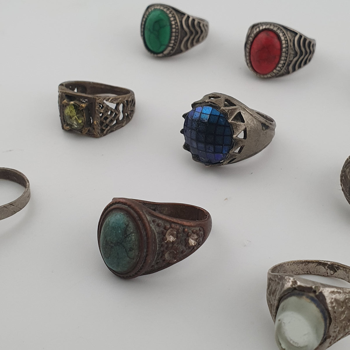Antique Ring Lot 15 Mixed Brass, Stone & Glass Rings