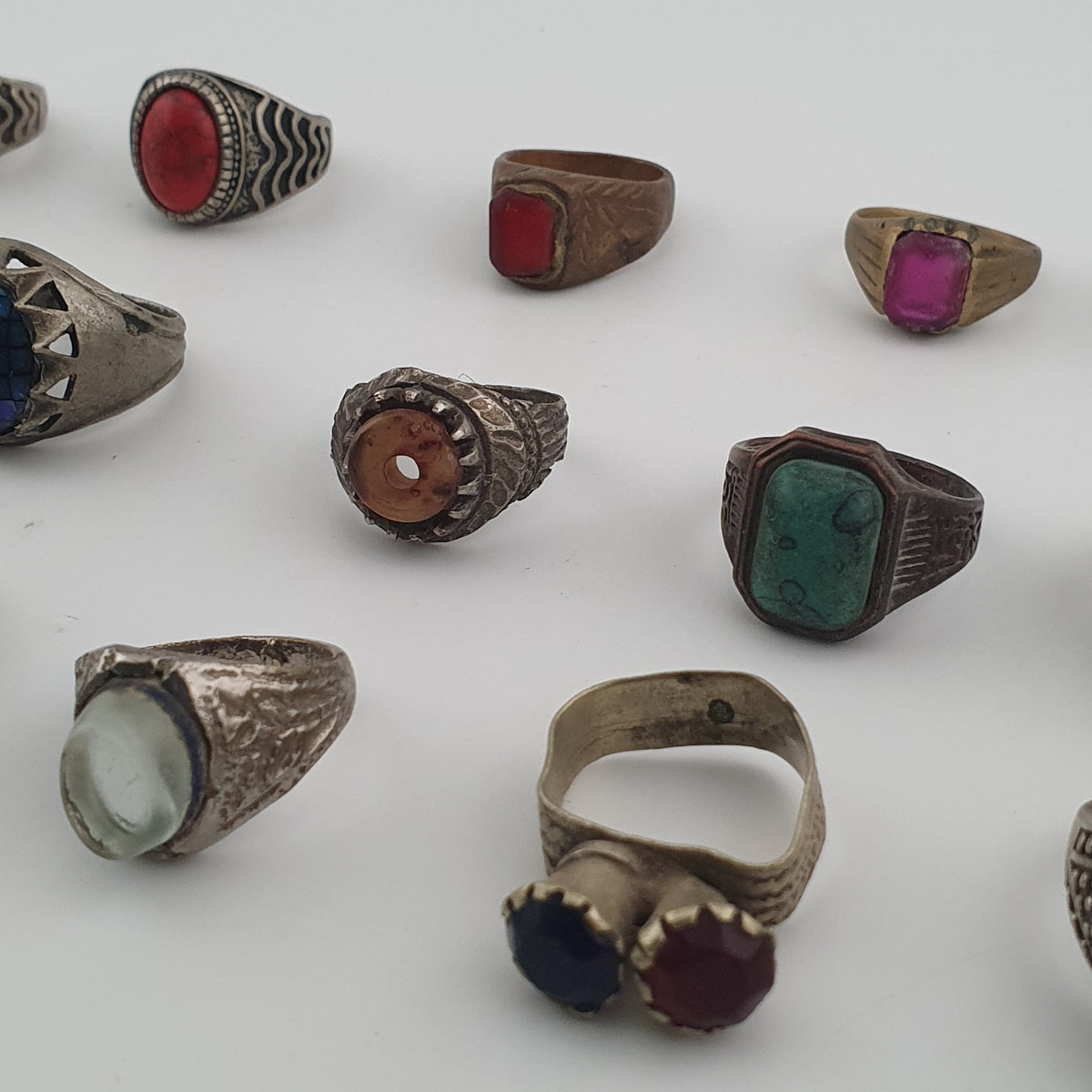 Antique Ring Lot 15 Mixed Brass, Stone & Glass Rings
