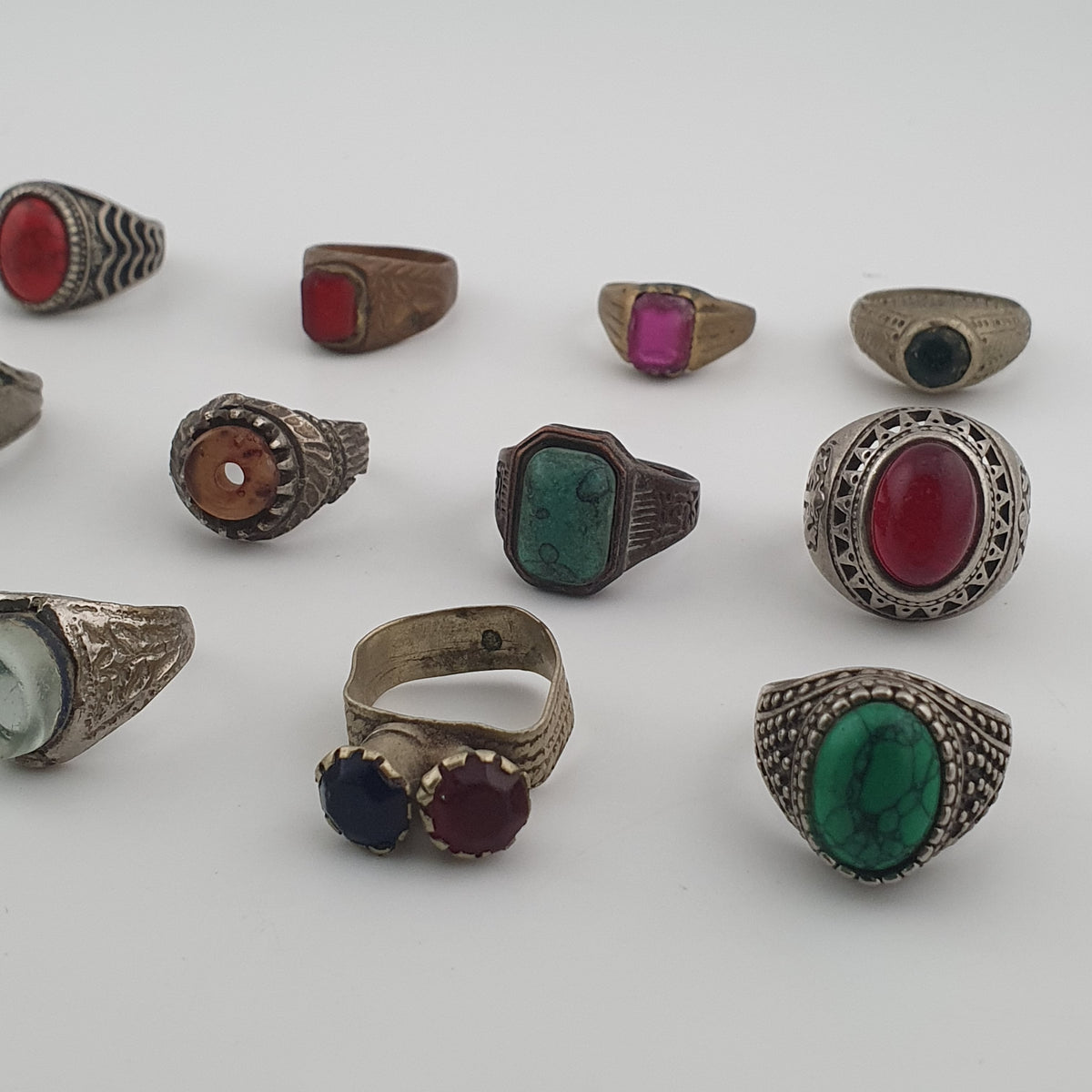 Antique Ring Lot 15 Mixed Brass, Stone & Glass Rings