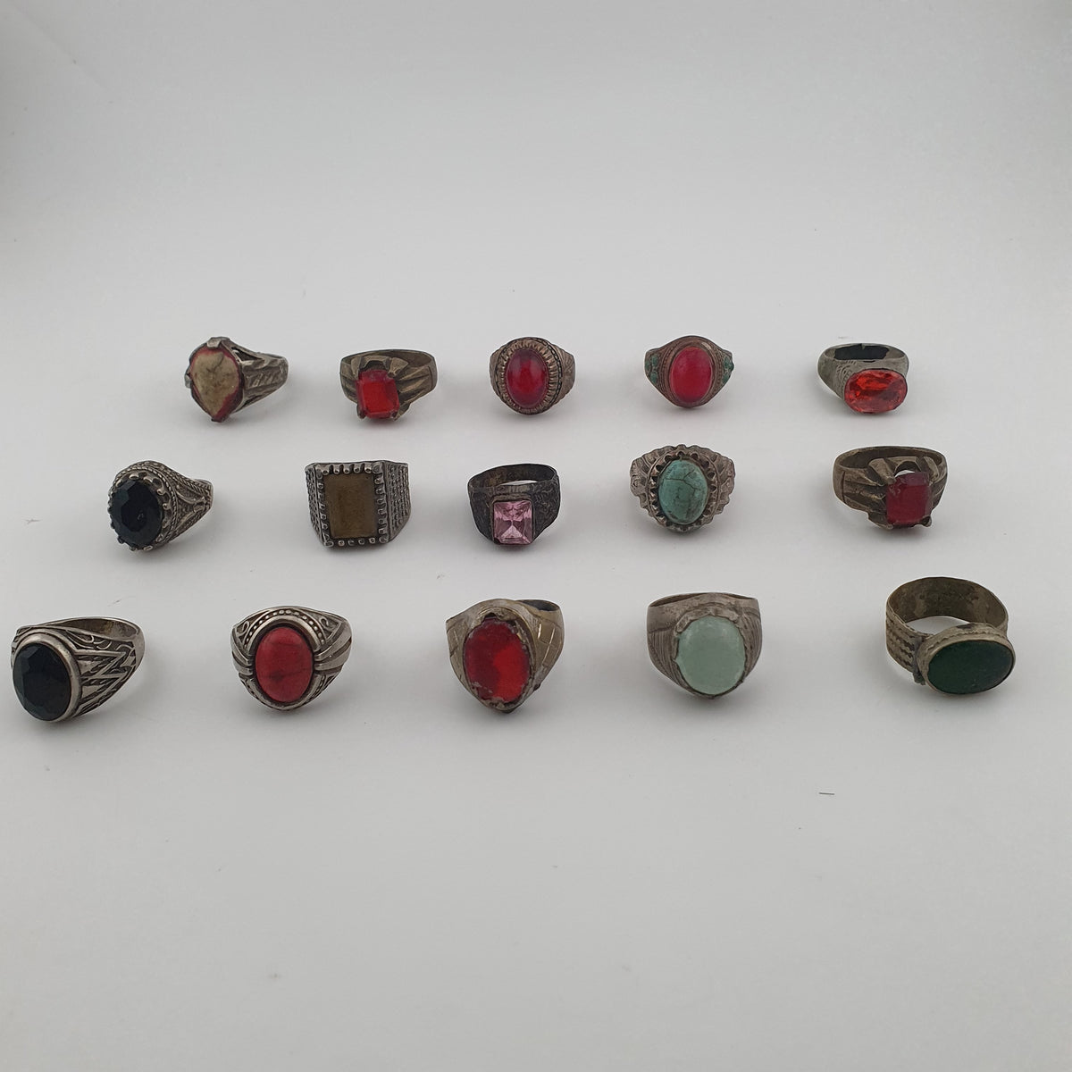 Lot of 15 Antique Tribal Style Brass Rings  Mixed Stone & Colourful Glass
