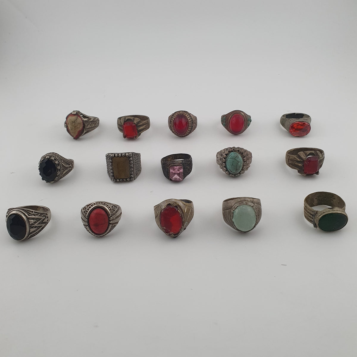Lot of 15 Antique Tribal Style Brass Rings  Mixed Stone & Colourful Glass