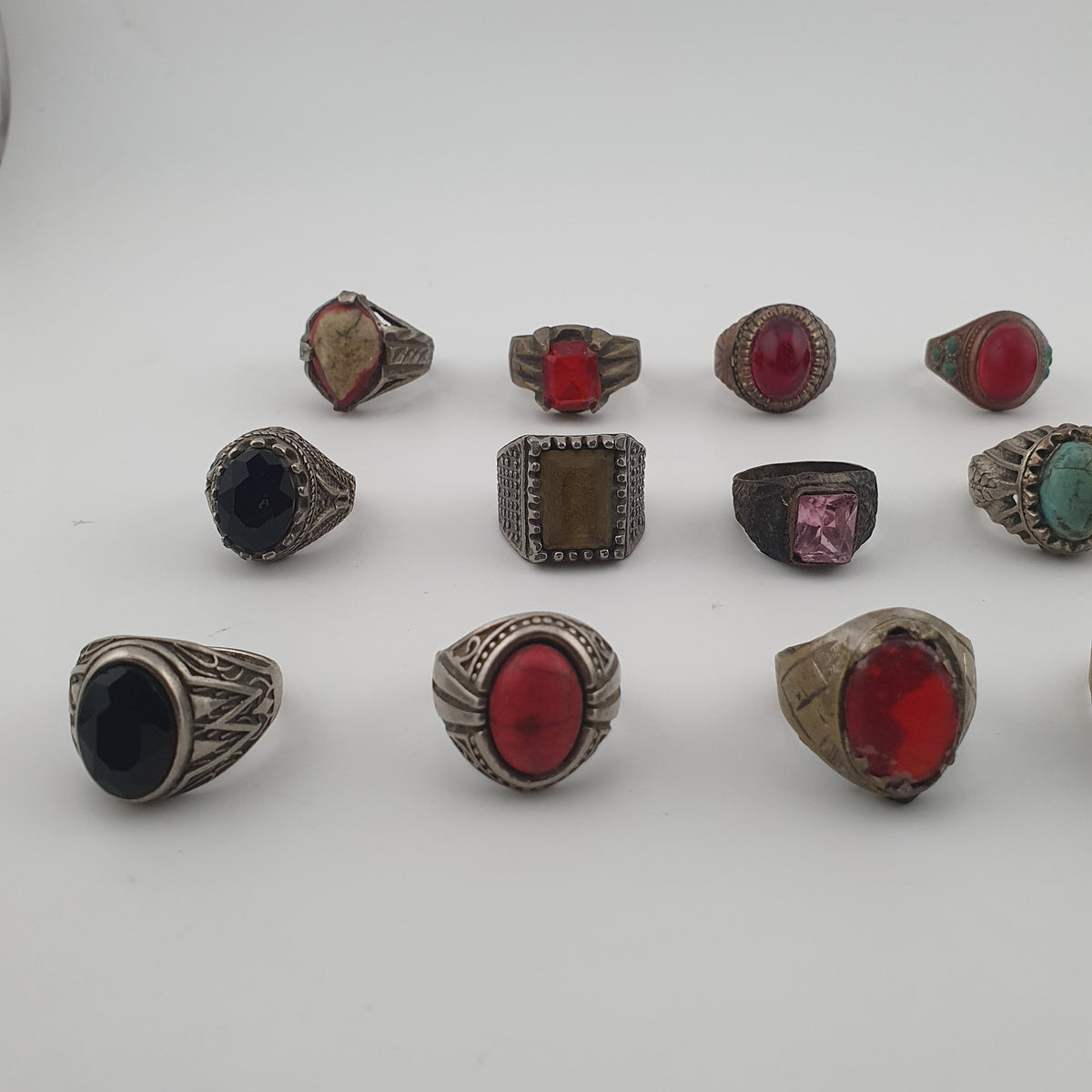 Lot of 15 Antique Tribal Style Brass Rings  Mixed Stone & Colourful Glass