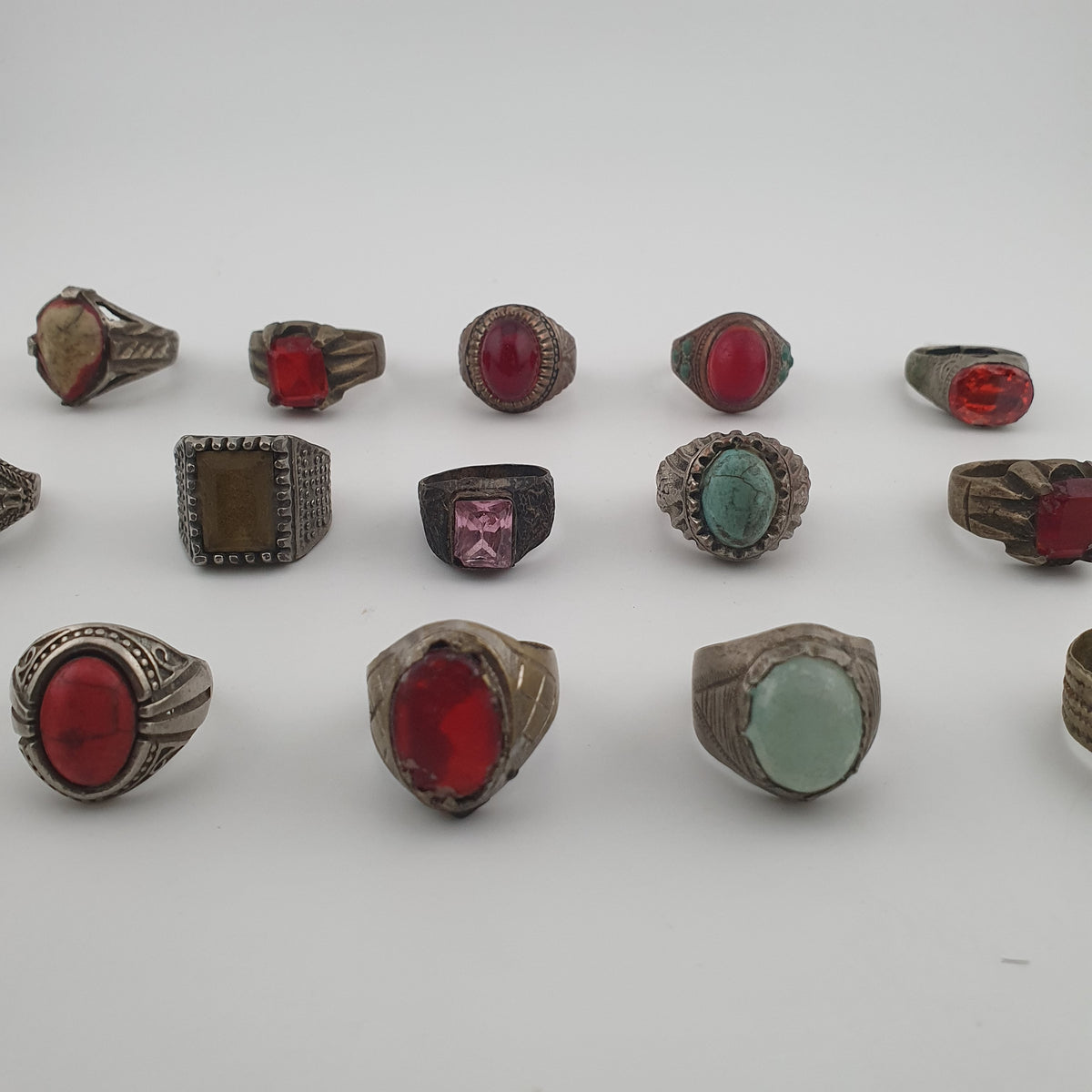 Lot of 15 Antique Tribal Style Brass Rings  Mixed Stone & Colourful Glass