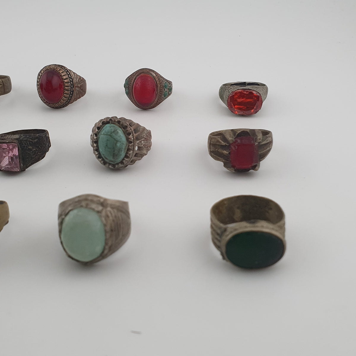 Lot of 15 Antique Tribal Style Brass Rings  Mixed Stone & Colourful Glass