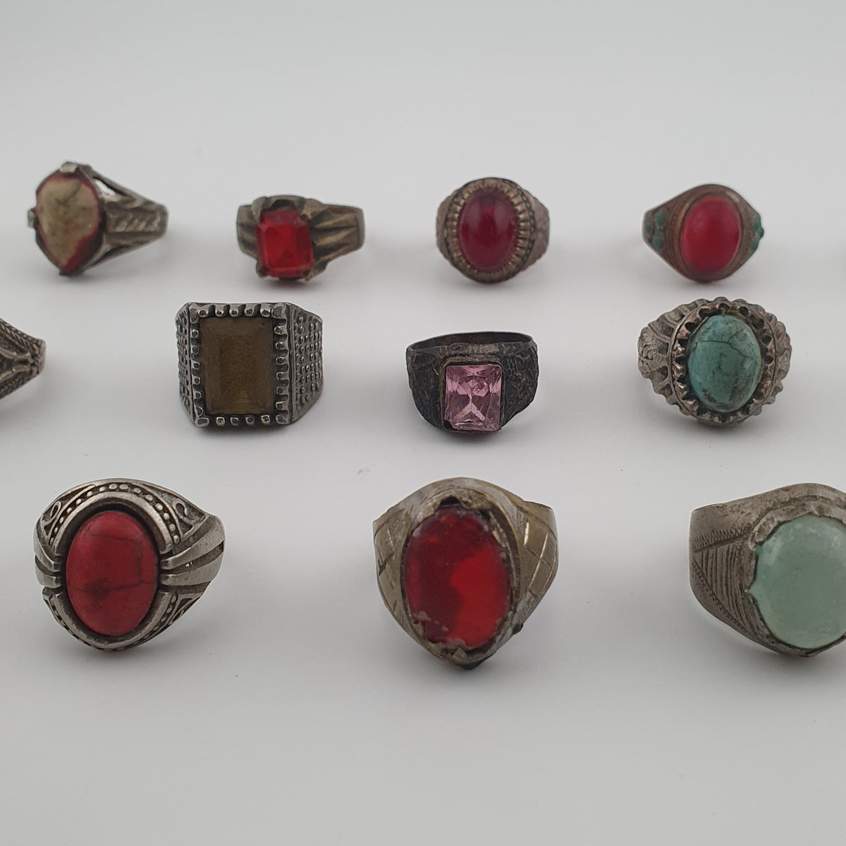 Lot of 15 Antique Tribal Style Brass Rings  Mixed Stone & Colourful Glass