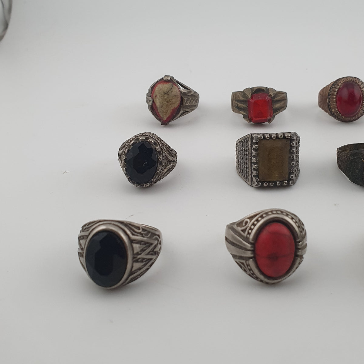 Lot of 15 Antique Tribal Style Brass Rings  Mixed Stone & Colourful Glass