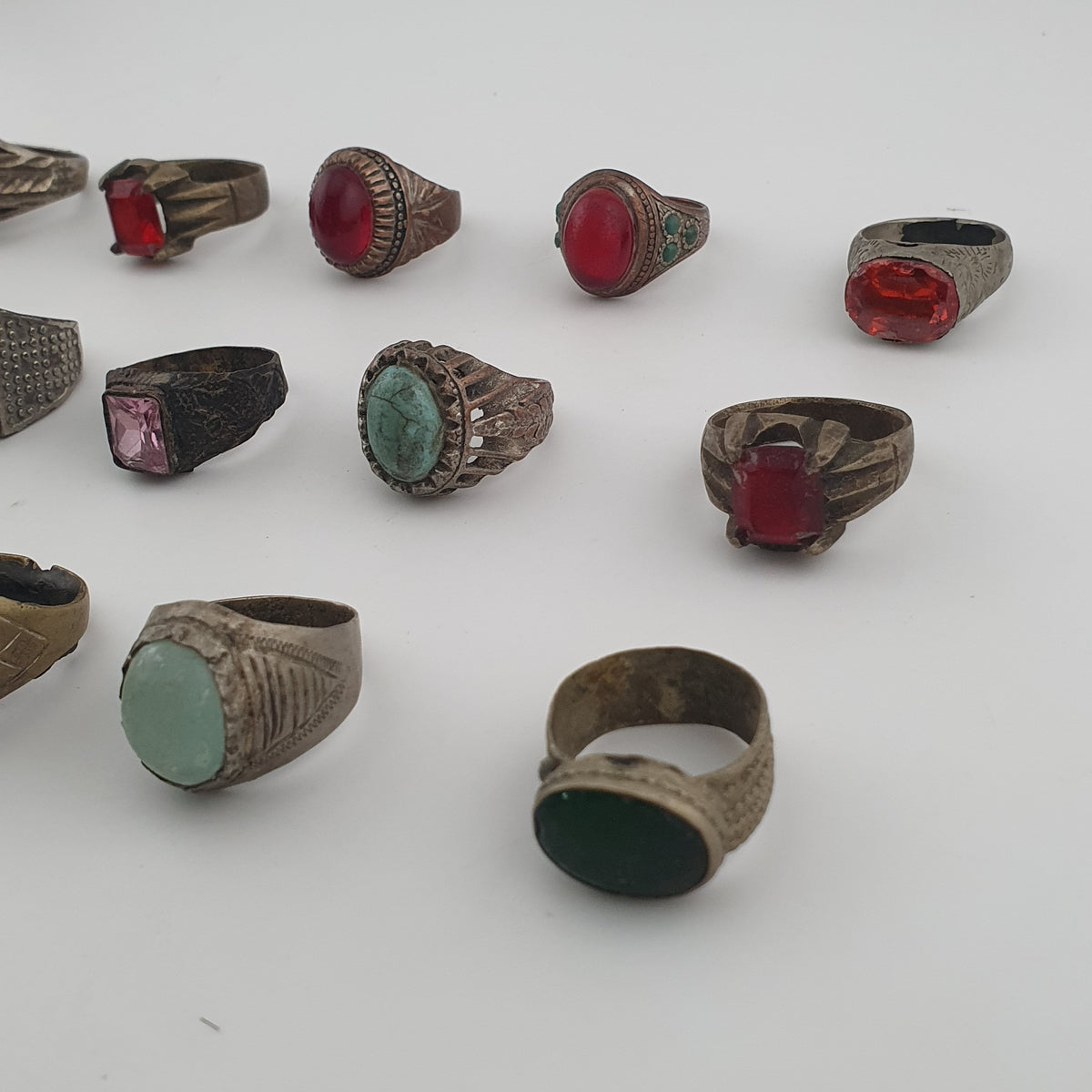 Lot of 15 Antique Tribal Style Brass Rings  Mixed Stone & Colourful Glass