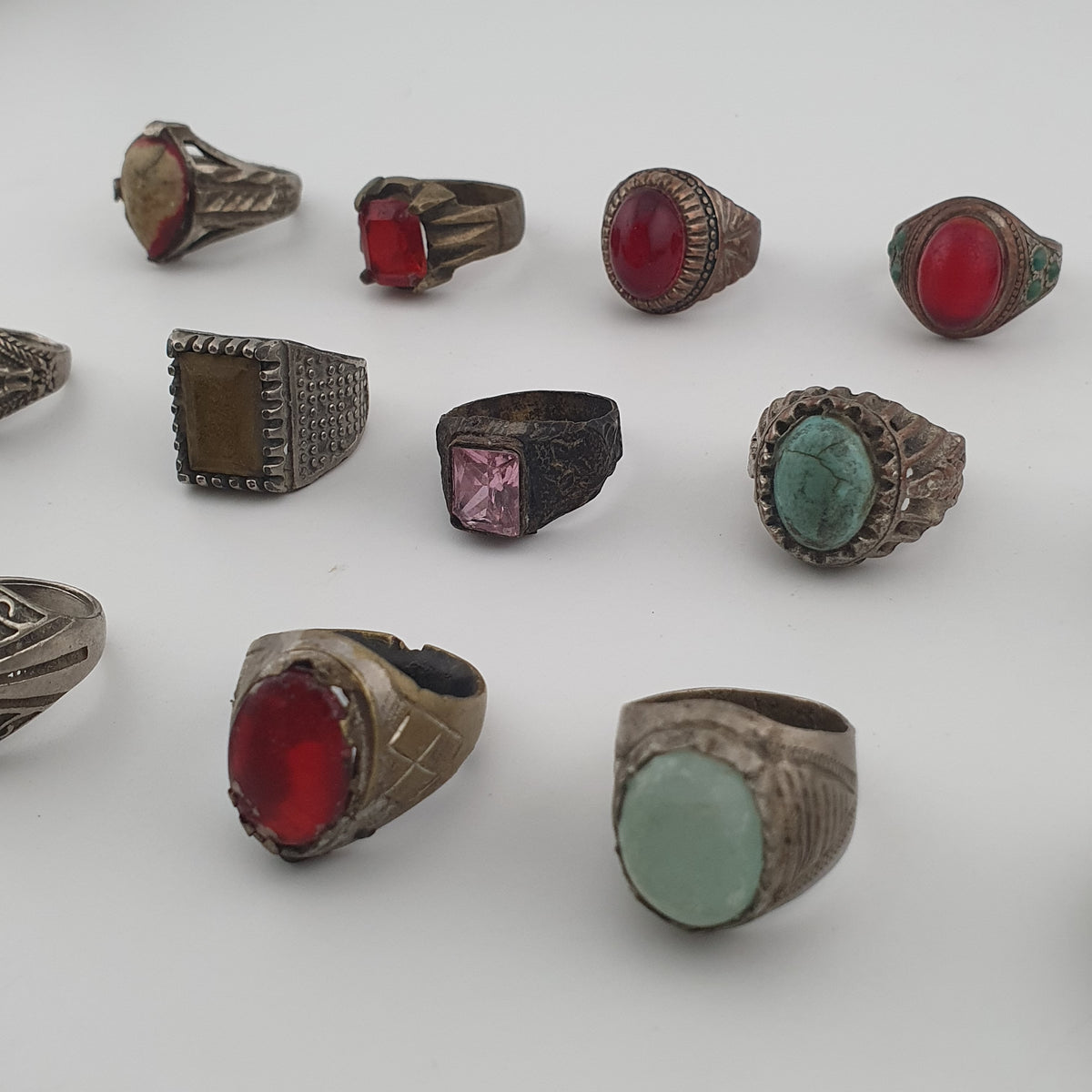 Lot of 15 Antique Tribal Style Brass Rings  Mixed Stone & Colourful Glass
