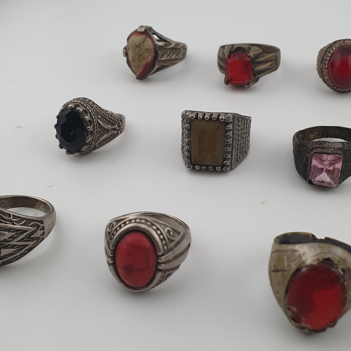 Lot of 15 Antique Tribal Style Brass Rings  Mixed Stone & Colourful Glass