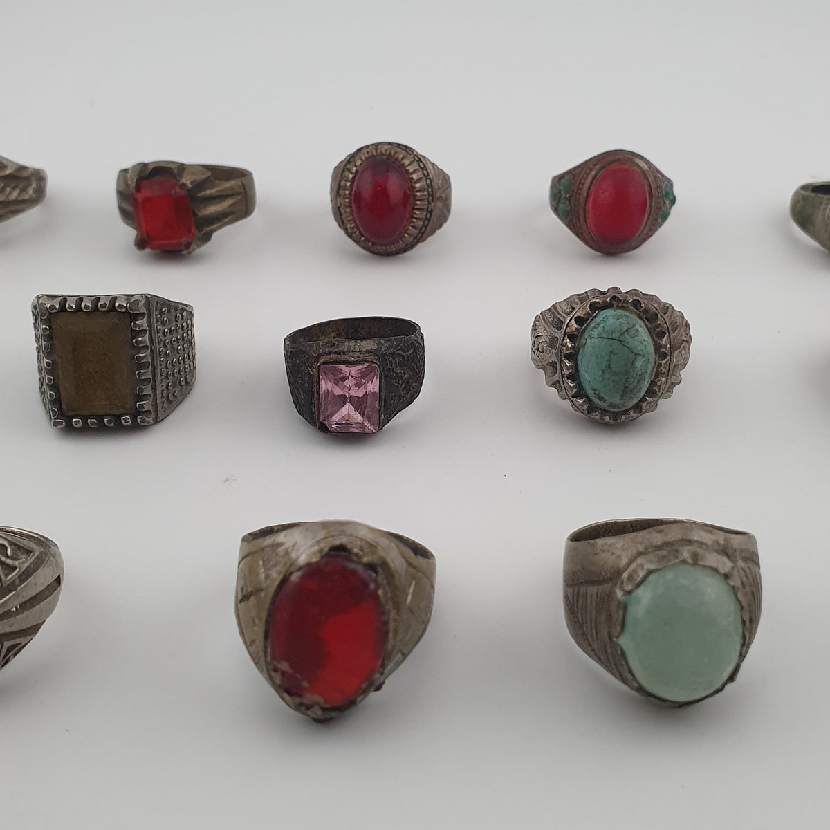 Lot of 15 Antique Tribal Style Brass Rings  Mixed Stone & Colourful Glass