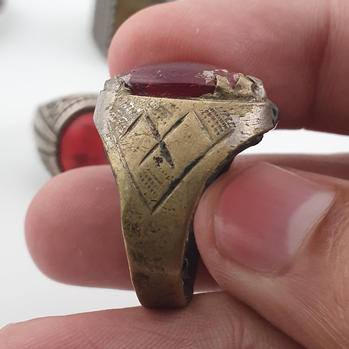 Lot of 15 Antique Tribal Style Brass Rings  Mixed Stone & Colourful Glass