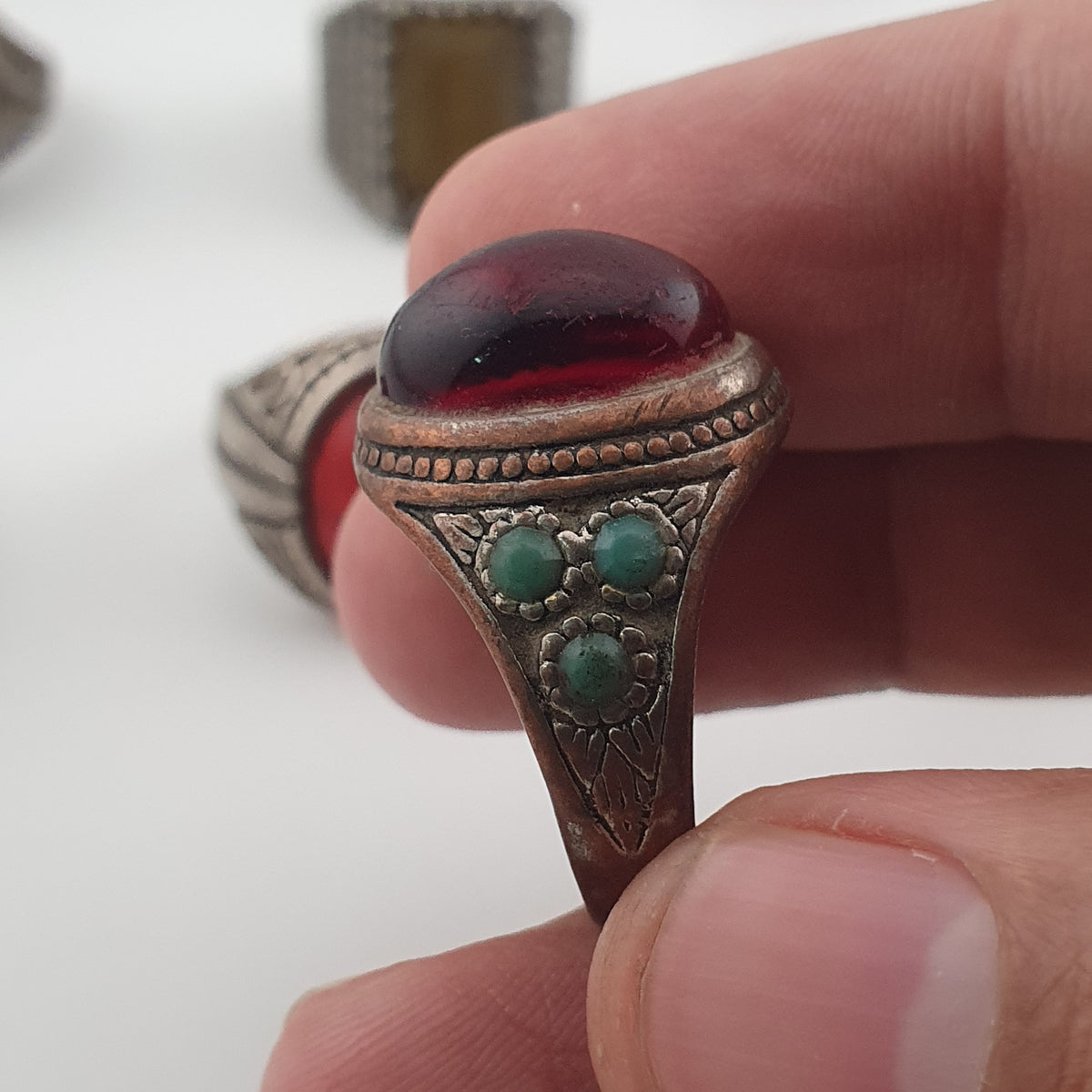 Lot of 15 Antique Tribal Style Brass Rings  Mixed Stone & Colourful Glass