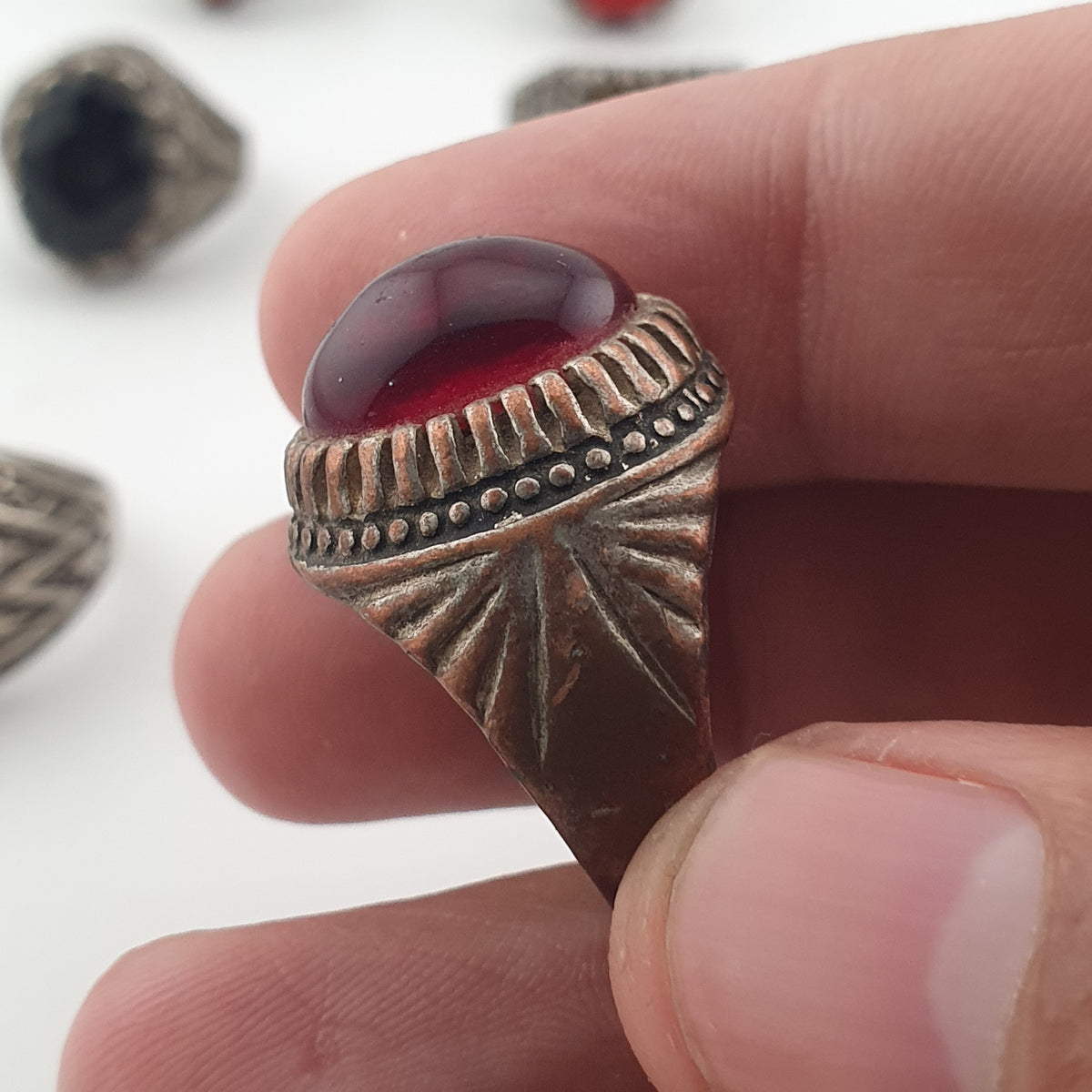 Lot of 15 Antique Tribal Style Brass Rings  Mixed Stone & Colourful Glass