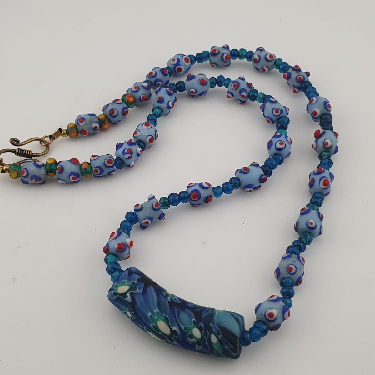 Vintage Venetian Style Skunk Eyes Glass Beads With Mellifiori Pendant Necklace