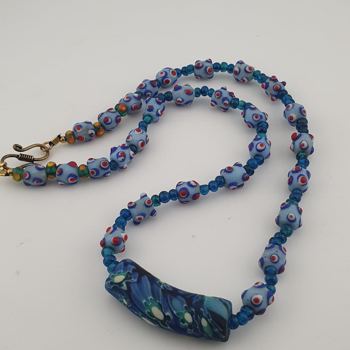 Vintage Venetian Style Skunk Eyes Glass Beads With Mellifiori Pendant Necklace