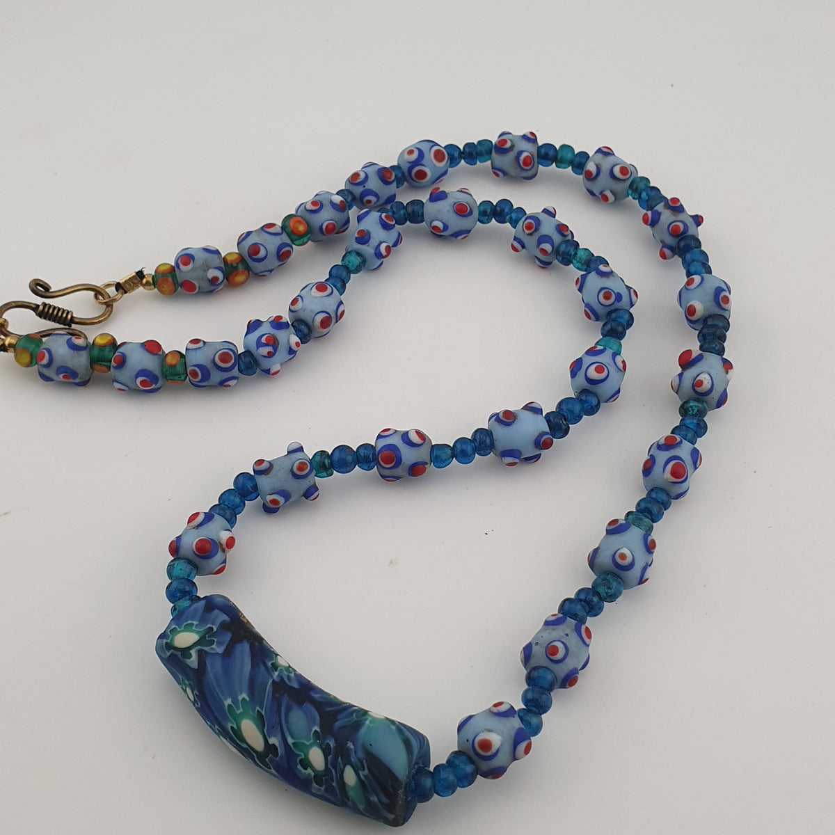 Vintage Venetian Style Skunk Eyes Glass Beads With Mellifiori Pendant Necklace