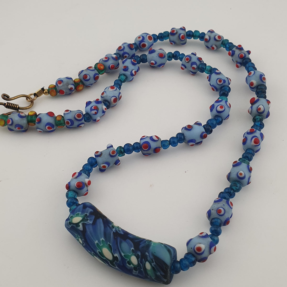 Vintage Venetian Style Skunk Eyes Glass Beads With Mellifiori Pendant Necklace