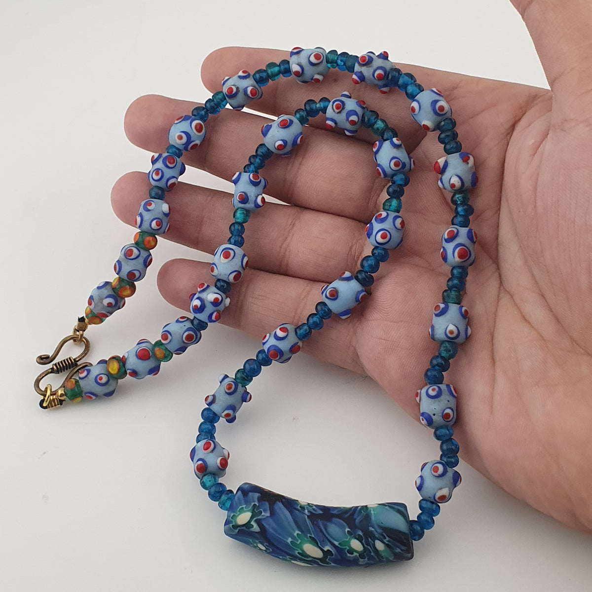Vintage Venetian Style Skunk Eyes Glass Beads With Mellifiori Pendant Necklace