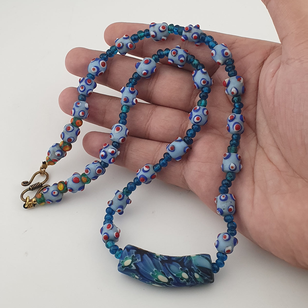 Vintage Venetian Style Skunk Eyes Glass Beads With Mellifiori Pendant Necklace