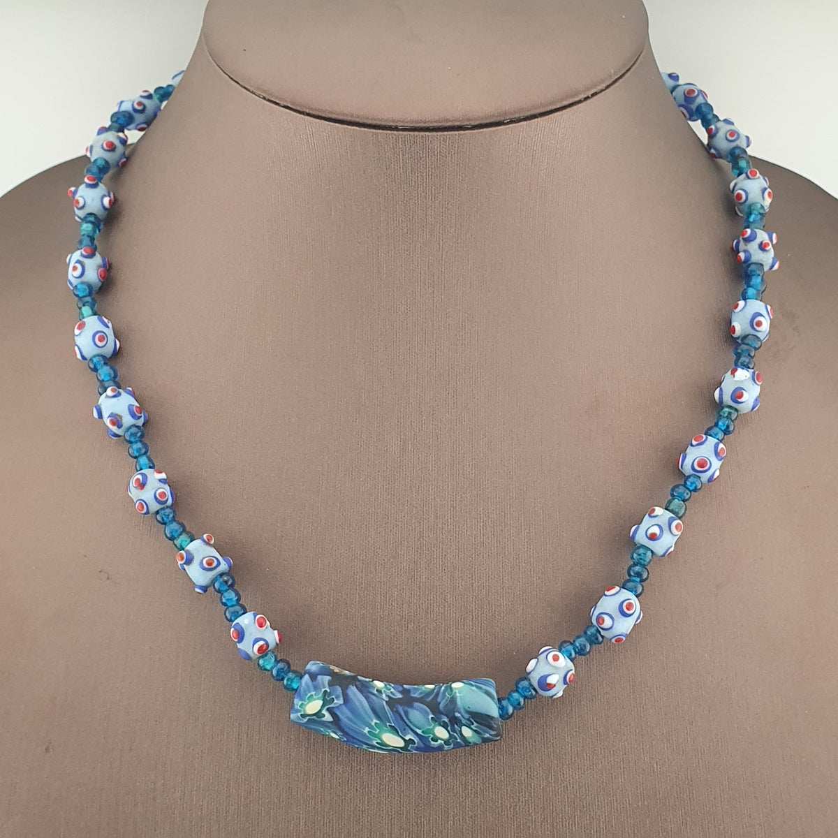 Vintage Venetian Style Skunk Eyes Glass Beads With Mellifiori Pendant Necklace
