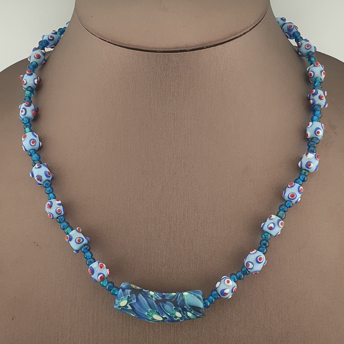 Vintage Venetian Style Skunk Eyes Glass Beads With Mellifiori Pendant Necklace