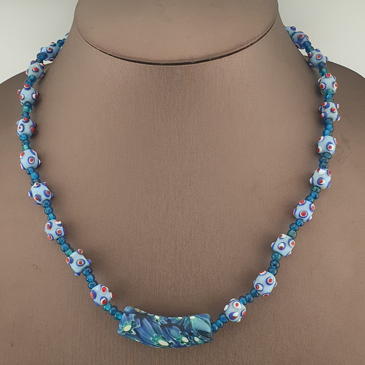 Vintage Venetian Style Skunk Eyes Glass Beads With Mellifiori Pendant Necklace