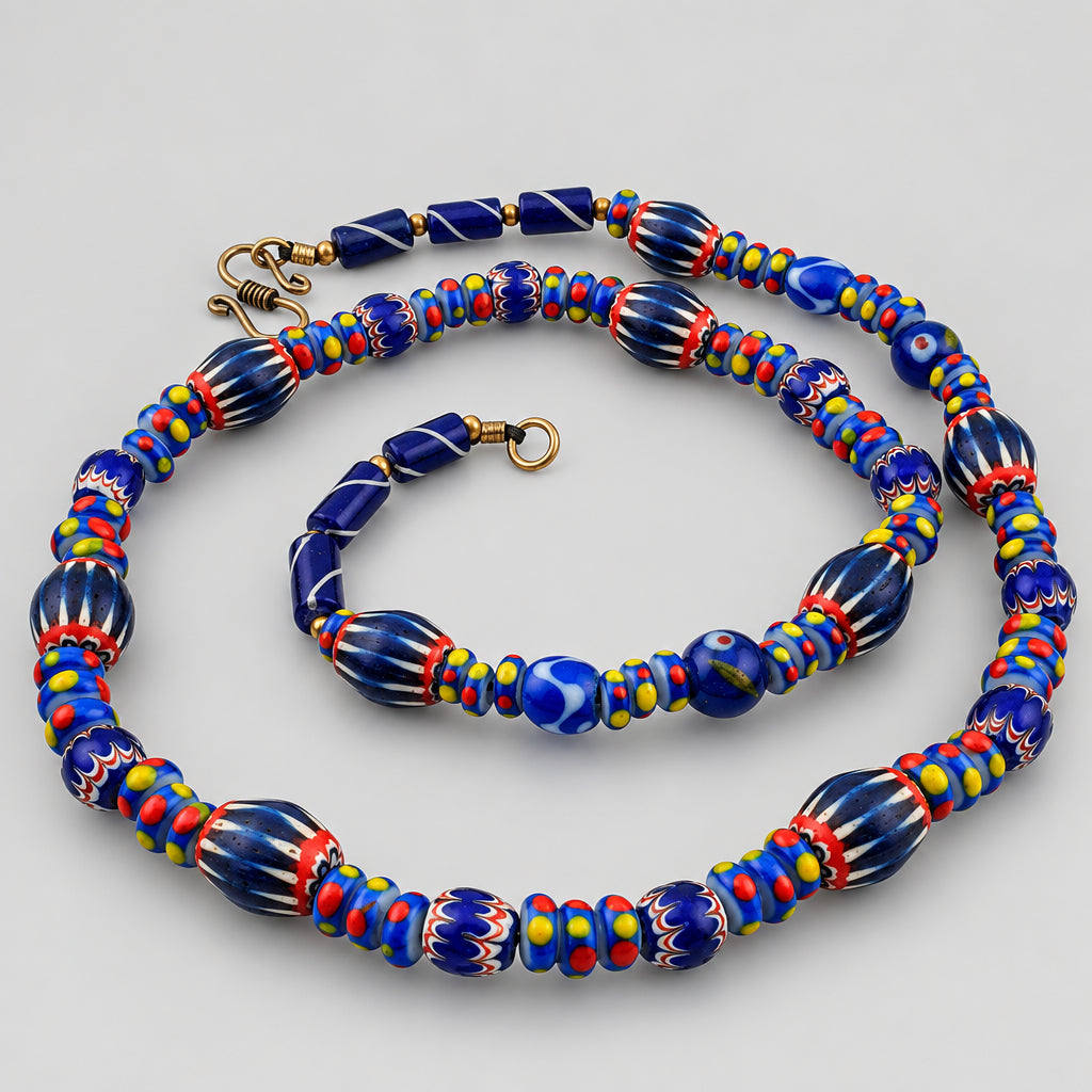 Vintage Venetian Style Mix Chevron & Eyes Glass Beads Necklace