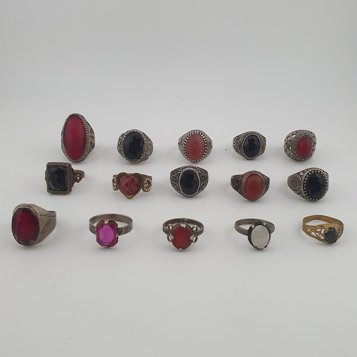 Antique Boho Jewellery 15 Mixed Brass Stone & Glass Rings