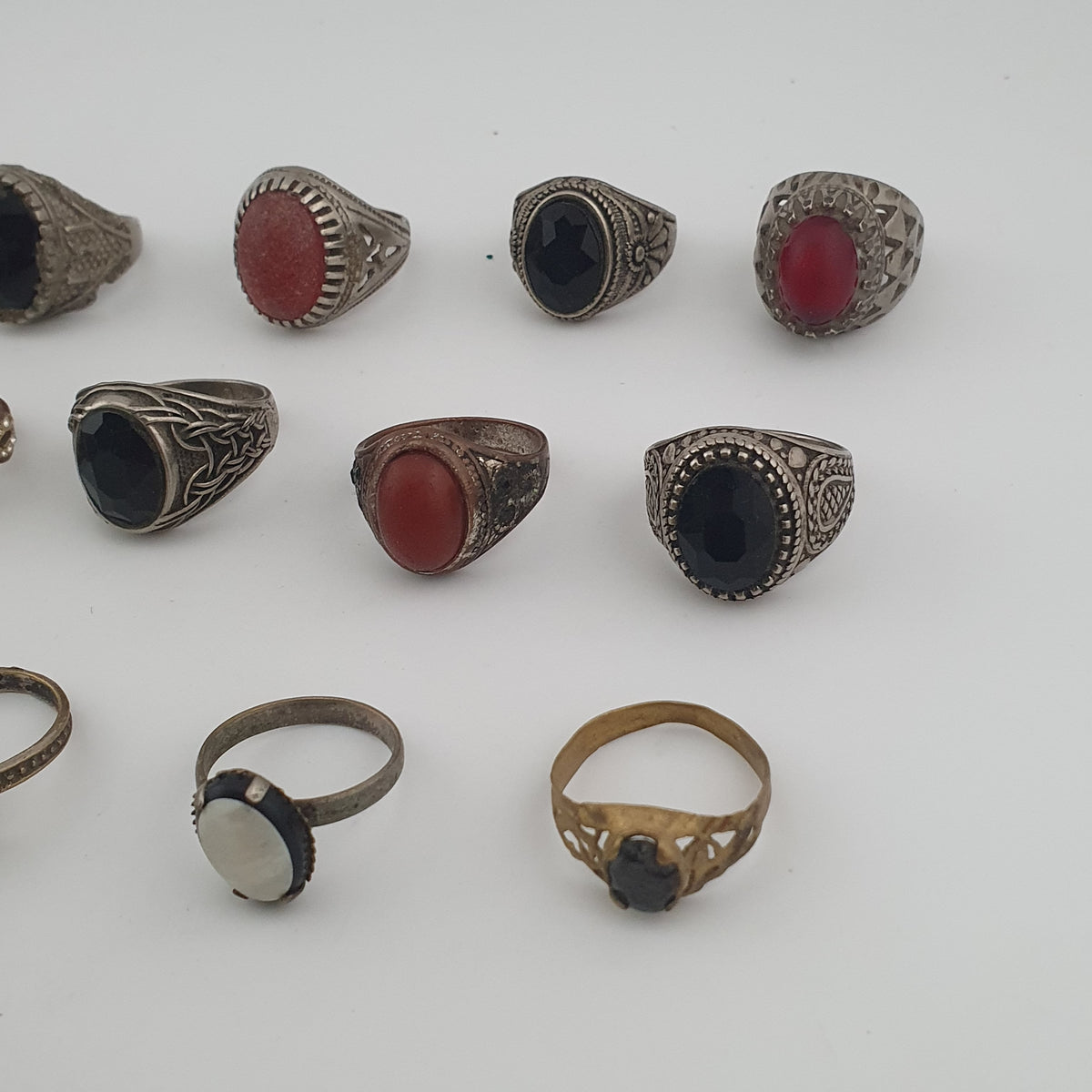 Antique Boho Jewellery 15 Mixed Brass Stone & Glass Rings