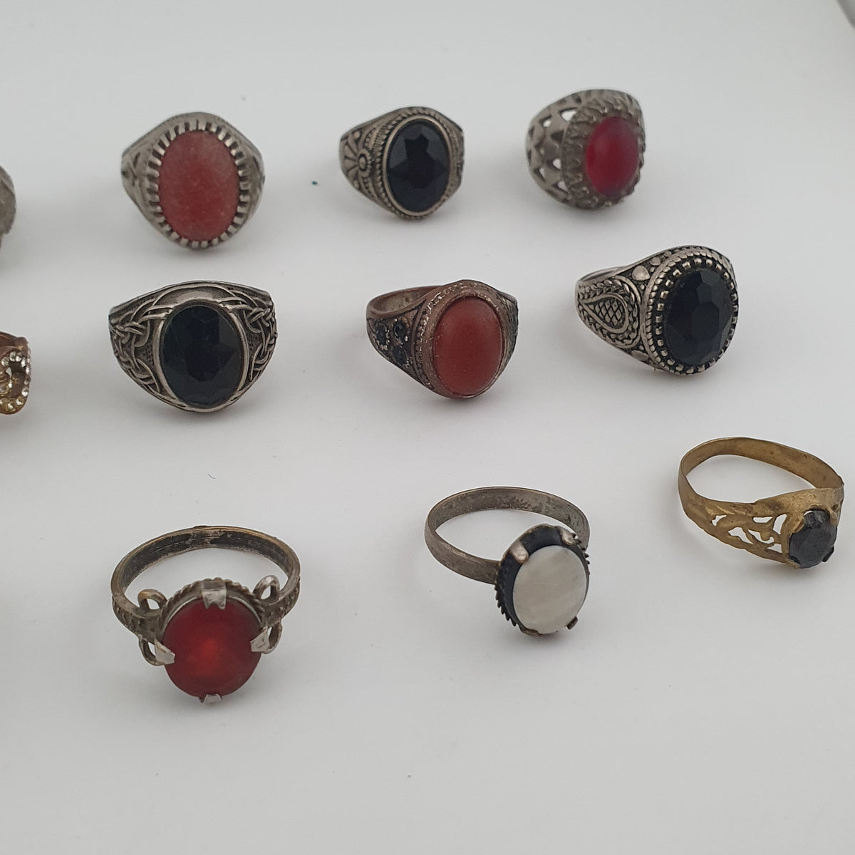 Antique Boho Jewellery 15 Mixed Brass Stone & Glass Rings