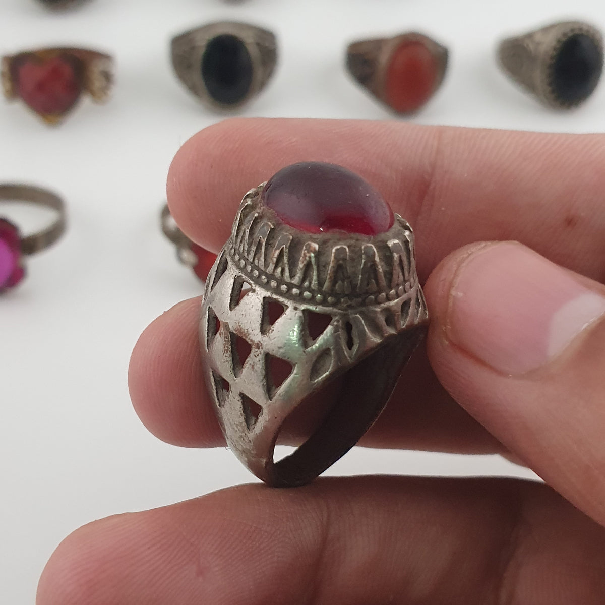 Antique Boho Jewellery 15 Mixed Brass Stone & Glass Rings