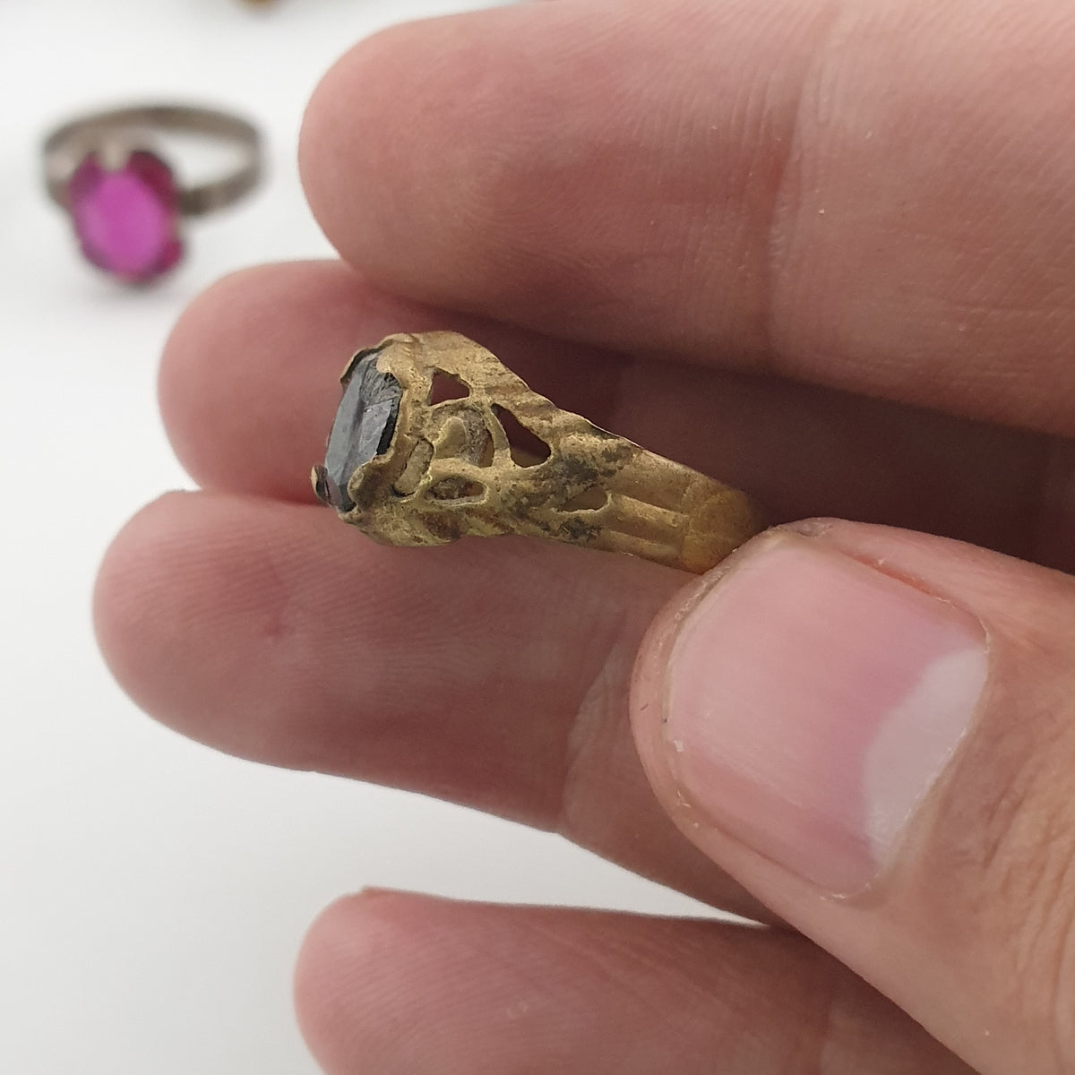 Antique Boho Jewellery 15 Mixed Brass Stone & Glass Rings