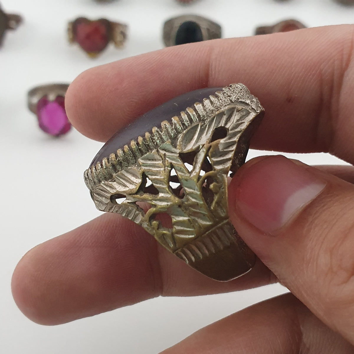 Antique Boho Jewellery 15 Mixed Brass Stone & Glass Rings