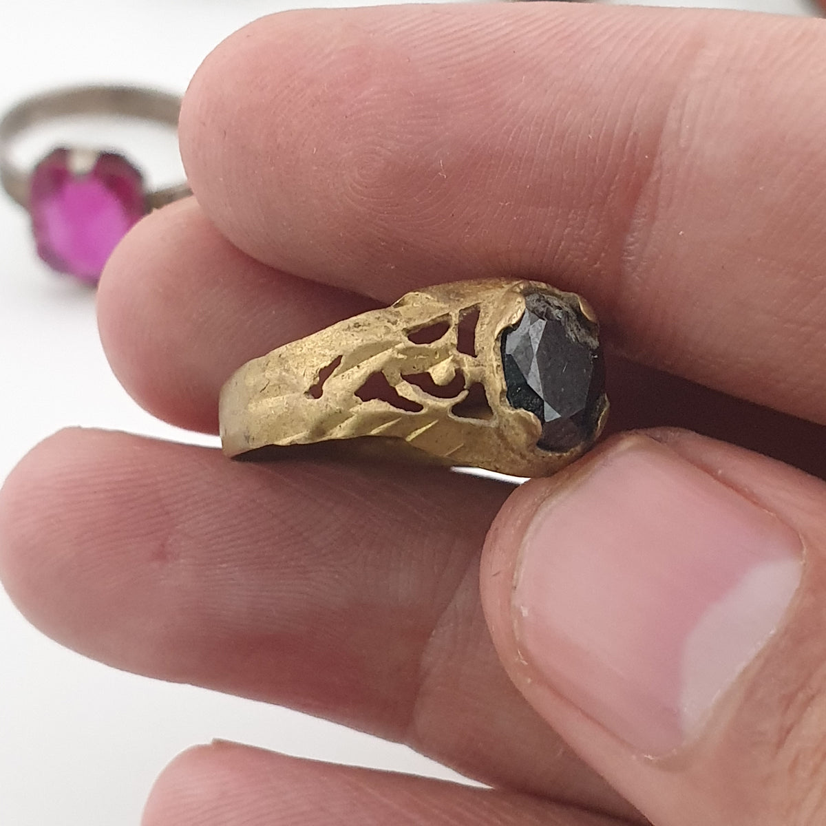 Antique Boho Jewellery 15 Mixed Brass Stone & Glass Rings