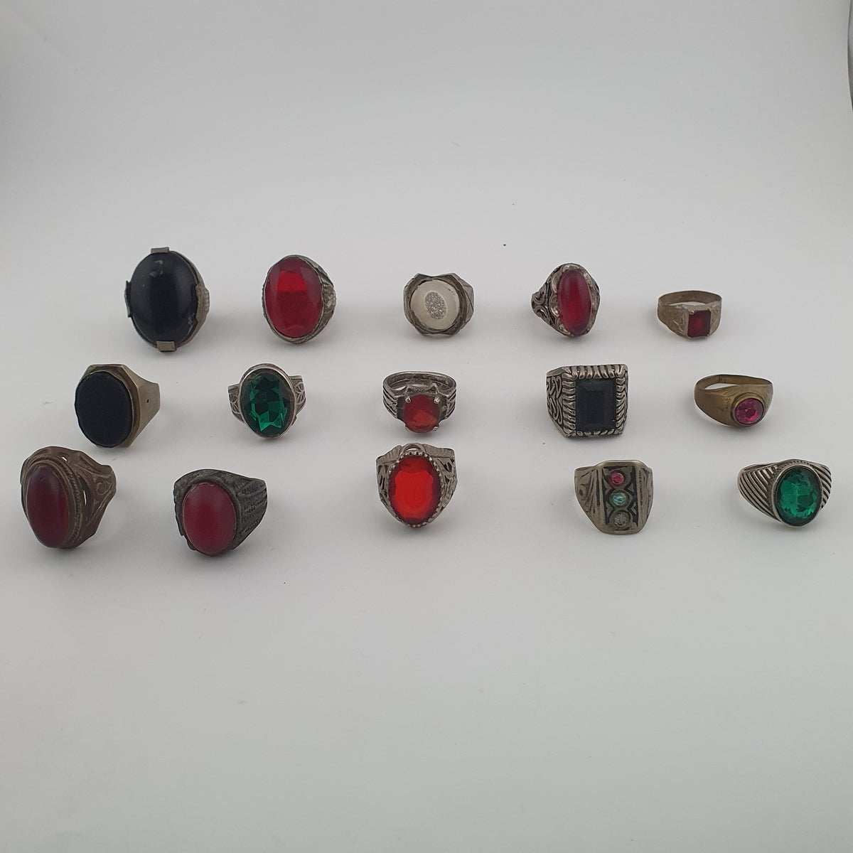 15 Traditional Brass Stone & Glass Rings Rustic Antique Jewellery
