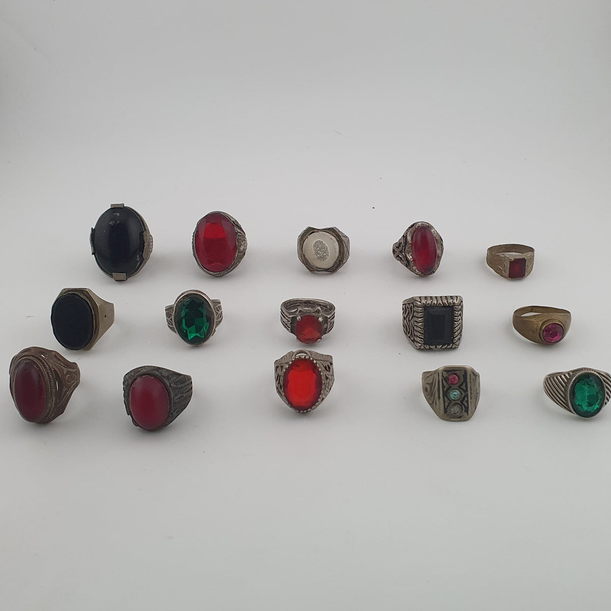 15 Traditional Brass Stone & Glass Rings Rustic Antique Jewellery